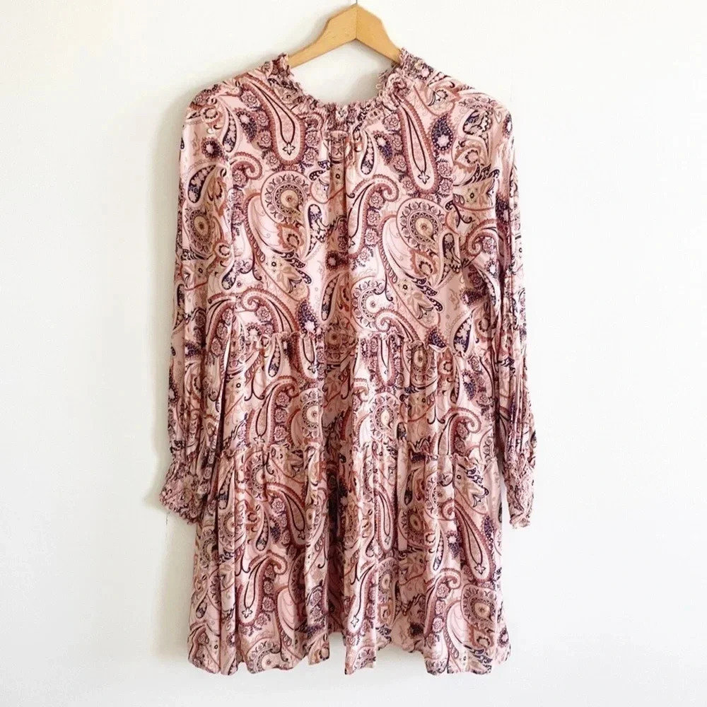 Anthropologie dusty pink paisley printed Cady Tiered Tunic Dress size M